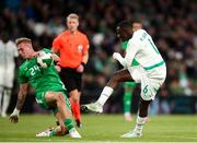 6 June 2025; Habib Diarra of Senegal has his shot blocked by Killian Phillips of Republic of Ireland during the international friendly match between Republic of Ireland and Senegal at the Aviva Stadium in Dublin. Photo by Michael P Ryan/Sportsfile
