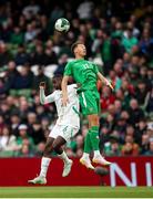 6 June 2025; Kasey McAteer of Republic of Ireland in action against Habib Diarra of Senegal during the international friendly match between Republic of Ireland and Senegal at the Aviva Stadium in Dublin. Photo by Michael P Ryan/Sportsfile