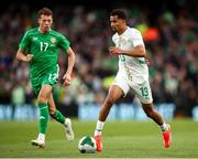 6 June 2025; Iliman Ndiaye of Senegal in action against Kasey McAteer of Republic of Ireland during the international friendly match between Republic of Ireland and Senegal at the Aviva Stadium in Dublin. Photo by Michael P Ryan/Sportsfile