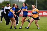 8 June 2025; Tipperary players celebrate at the final whistle of the LGFA All-Ireland U14 Silver Final match between Tipperary and Cavan at Coralstown/Kinnegad GAA in Westmeath. Photo by Ben McShane/Sportsfile