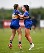 8 June 2025; Tipperary players celebrate at the final whistle of the LGFA All-Ireland U14 Silver Final match between Tipperary and Cavan at Coralstown/Kinnegad GAA in Westmeath. Photo by Ben McShane/Sportsfile
