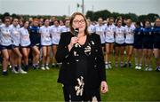8 June 2025; Trina Murray, LGFA President, makes a speech after the LGFA All-Ireland U14 Silver Final match between Tipperary and Cavan at Coralstown/Kinnegad GAA in Westmeath. Photo by Ben McShane/Sportsfile