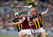 8 June 2025; Gavin Lee of Galway is tackled by Kilkenny players, from left, Jordan Molloy and Adrian Mullen during the Leinster GAA Senior Hurling Championship final match between Kilkenny and Galway at Croke Park in Dublin. Photo by John Sheridan/Sportsfile