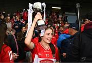 8 June 2025; Cork captain Aoife Harte celebrates with the cup after the LGFA All-Ireland U14 Platinum Final match between Cork and Galway at Nenagh Éire Óg GAA Club in Nenagh, Tipperary. Photo by Tyler Miller/Sportsfile