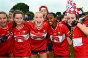 8 June 2025; Cork players celebrate after the LGFA All-Ireland U14 Platinum Final match between Cork and Galway at Nenagh Éire Óg GAA Club in Nenagh, Tipperary. Photo by Tyler Miller/Sportsfile