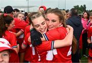 8 June 2025; Cork players celebrate after the LGFA All-Ireland U14 Platinum Final match between Cork and Galway at Nenagh Éire Óg GAA Club in Nenagh, Tipperary. Photo by Tyler Miller/Sportsfile