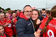 8 June 2025; Cork players and staff celebrate after the LGFA All-Ireland U14 Platinum Final match between Cork and Galway at Nenagh Éire Óg GAA Club in Nenagh, Tipperary. Photo by Tyler Miller/Sportsfile