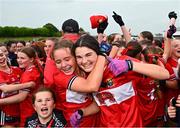 8 June 2025; Cork players celebrate after the LGFA All-Ireland U14 Platinum Final match between Cork and Galway at Nenagh Éire Óg GAA Club in Nenagh, Tipperary. Photo by Tyler Miller/Sportsfile