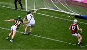 8 June 2025; Martin Keoghan of Kilkenny scores his side's third goal, past Galway goalkeeper Darragh Walsh, during the Leinster GAA Senior Hurling Championship final match between Kilkenny and Galway at Croke Park in Dublin. Photo by Piaras Ó Mídheach/Sportsfile