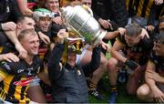 8 June 2025; Kilkenny kitman Dennis 'Rackard' Coady lifts the Bob O'Keeffe Cup surrounded by the Kilkenny team after winning  the Leinster GAA Senior Hurling Championship final match between Kilkenny and Galway at Croke Park in Dublin. Photo by John Sheridan/Sportsfile