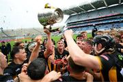8 June 2025; Kilkenny captain John Donnelly with the Bob O'Keeffe Cup leads the celebrations after the Leinster GAA Senior Hurling Championship final match between Kilkenny and Galway at Croke Park in Dublin. Photo by Ray McManus/Sportsfile