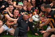 8 June 2025; Kilkenny captain John Donnelly, 10, with the Bob O'Keeffe Cup and kit man Rackard Cody lead the celebrations after the Leinster GAA Senior Hurling Championship final match between Kilkenny and Galway at Croke Park in Dublin. Photo by Ray McManus/Sportsfile