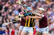 8 June 2025; TJ Reid of Kilkenny is tackled by Padraic Mannion of Galway and Daithí Burke of Galway during the Leinster GAA Senior Hurling Championship final match between Kilkenny and Galway at Croke Park in Dublin. Photo by Ray McManus/Sportsfile