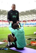 9 June 2025; Head coach Heimir Hallgrimsson and Bosun Lawal during a Republic of Ireland training session at the Stade de Luxembourg in Luxembourg. Photo by Stephen McCarthy/Sportsfile