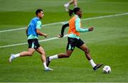 9 June 2025; Bosun Lawal and Adam Idah, left, during a Republic of Ireland training session at the Stade de Luxembourg in Luxembourg. Photo by Stephen McCarthy/Sportsfile
