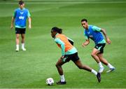 9 June 2025; Bosun Lawal and Adam Idah, right, during a Republic of Ireland training session at the Stade de Luxembourg in Luxembourg. Photo by Stephen McCarthy/Sportsfile