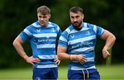 9 June 2025; Rónan Kelleher, right, and Garry Ringrose during a Leinster Rugby squad training session at UCD in Dublin. Photo by Piaras Ó Mídheach/Sportsfile