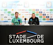 9 June 2025; Head coach Heimir Hallgrimsson and Nathan Collins during a Republic of Ireland press conference at the Stade de Luxembourg in Luxembourg. Photo by Stephen McCarthy/Sportsfile