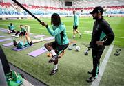 9 June 2025; Bosun Lawal with strength and conditioning coach Pepe Lázaro Ramírez during a Republic of Ireland training session at the Stade de Luxembourg in Luxembourg. Photo by Stephen McCarthy/Sportsfile