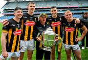 8 June 2025;  Kilkenny players, left to right, Jordan Molloy, Huw Lawlor, Paddy Deegan and Mikey Butler and kit man Rackard Cody holding the Bob O'Keeffe Cup after the Leinster GAA Senior Hurling Championship final match between Kilkenny and Galway at Croke Park in Dublin. Photo by Ray McManus/Sportsfile