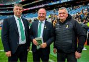 8 June 2025; Leinster Council Vice Chairperson Martin Byrne, left, Leinster Chairman Derek Kent and P J Kenny, Chairperson, Kilkenny GAA, after the Leinster GAA Senior Hurling Championship final match between Kilkenny and Galway at Croke Park in Dublin. Photo by Ray McManus/Sportsfile