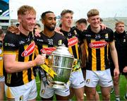 8 June 2025; Kilkenny captain John Donnelly, left, Zach Bay Hammond, Stephen Donnelly and Luke Connellan, right, with the Bob O'Keeffe Cup afterthe Leinster GAA Senior Hurling Championship final match between Kilkenny and Galway at Croke Park in Dublin. Photo by Ray McManus/Sportsfile