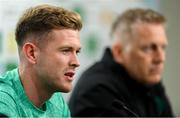 9 June 2025; Nathan Collins and head coach Heimir Hallgrimsson during a Republic of Ireland press conference at the Stade de Luxembourg in Luxembourg. Photo by Stephen McCarthy/Sportsfile