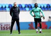 9 June 2025; Goalkeeping coach Gudmundur Hreidarsson and Festy Ebosele during a Republic of Ireland training session at the Stade de Luxembourg in Luxembourg. Photo by Stephen McCarthy/Sportsfile