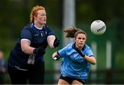8 June 2025; Waterford goalkeeper Katelyn Gardiner in action against Kate Sullivan of Dublin during the TG4 All-Ireland Senior Championship match between Waterford and Dublin at Dungarvan GAA Club in Dungarvan, Waterford. Photo by Seb Daly/Sportsfile