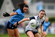 8 June 2025; Karen McGrath of Waterford in action against Niamh Hetherton of Dublin during the TG4 All-Ireland Senior Championship match between Waterford and Dublin at Dungarvan GAA Club in Dungarvan, Waterford. Photo by Seb Daly/Sportsfile
