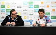 9 June 2025; Head coach Luc Holtz, right, during a Luxembourg press conference at the Stade de Luxembourg in Luxembourg. Photo by Stephen McCarthy/Sportsfile