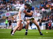 8 June 2025; Cathal McCabe of Kildare is tackled by Diarmaid Conway of Laois during the Joe McDonagh Cup final match between Kildare and Laois at Croke Park in Dublin. Photo by Ray McManus/Sportsfile