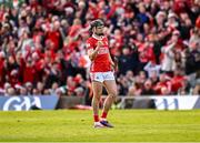 7 June 2025; Darragh Fitzgibbon of Cork celebrates after scoring a point from a '65 in the last place of extra-time to send the match to a penalty shoot-out during the Munster GAA Hurling Senior Championship final match between Limerick and Cork at TUS Gaelic Grounds in Limerick. Photo by Piaras Ó Mídheach/Sportsfile