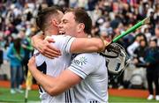 8 June 2025; Jack Travers, left, and Cathal McCabe of Kildare after the Joe McDonagh Cup final match between Kildare and Laois at Croke Park in Dublin. Photo by Ramsey Cardy/Sportsfile