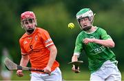 7 June 2025; Seán Tobin of Kildare in action against Ruari McPhilips of Armagh during the Electric Ireland Celtic Challenge Corn Jerome O’Leary final match between Kildare and Armagh at the GAA National Games Development Centre in Abbotstown, Dublin. Photo by Stephen Marken/Sportsfile