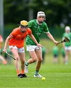 7 June 2025; Eoin Murphy of Armagh in action against Harry Rubotham of Kildare during the Electric Ireland Celtic Challenge Corn Jerome O’Leary final match between Kildare and Armagh at the GAA National Games Development Centre in Abbotstown, Dublin. Photo by Stephen Marken/Sportsfile