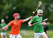 7 June 2025; Zack Donnelly of Kildare in action against Ruari McPhilips of Armagh during the Electric Ireland Celtic Challenge Corn Jerome O’Leary final match between Kildare and Armagh at the GAA National Games Development Centre in Abbotstown, Dublin. Photo by Stephen Marken/Sportsfile