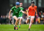 7 June 2025; Colin Parker of Kildare in action against Charlie Baxter of Armagh during the Electric Ireland Celtic Challenge Corn Jerome O’Leary final match between Kildare and Armagh at the GAA National Games Development Centre in Abbotstown, Dublin. Photo by Stephen Marken/Sportsfile