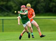 7 June 2025; Luke Smith of Kildare in action against Daithi Gillespie of Armagh during the Electric Ireland Celtic Challenge Corn Jerome O’Leary final match between Kildare and Armagh at the GAA National Games Development Centre in Abbotstown, Dublin. Photo by Stephen Marken/Sportsfile