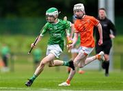 7 June 2025; Seán Tobin of Kildare in action against Sé McConnell of Armagh during the Electric Ireland Celtic Challenge Corn Jerome O’Leary final match between Kildare and Armagh at the GAA National Games Development Centre in Abbotstown, Dublin. Photo by Stephen Marken/Sportsfile