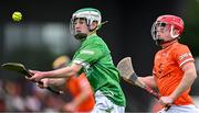 7 June 2025; Seán Tobin of Kildare in action against Ruari McPhilips of Armagh during the Electric Ireland Celtic Challenge Corn Jerome O’Leary final match between Kildare and Armagh at the GAA National Games Development Centre in Abbotstown, Dublin. Photo by Stephen Marken/Sportsfile