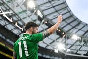 6 June 2025; Robbie Brady of Republic of Ireland signals before taking a corner during the international friendly match between Republic of Ireland and Senegal at the Aviva Stadium in Dublin. Photo by Ben McShane/Sportsfile