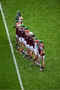 8 June 2025; The Galway team stands for the playing of Amhrán na bhFiann before the Leinster GAA Senior Hurling Championship final match between Kilkenny and Galway at Croke Park in Dublin. Photo by Piaras Ó Mídheach/Sportsfile
