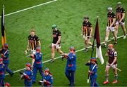 8 June 2025; Kilkenny captain John Donnelly and Galway captain Conor Whelan lead their teams in the parade before the Leinster GAA Senior Hurling Championship final match between Kilkenny and Galway at Croke Park in Dublin. Photo by Piaras Ó Mídheach/Sportsfile