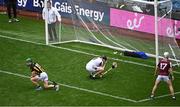 8 June 2025; Galway goalkeeper Darragh Walsh reacts after Kilkenny's third goal during the Leinster GAA Senior Hurling Championship final match between Kilkenny and Galway at Croke Park in Dublin. Photo by Piaras Ó Mídheach/Sportsfile