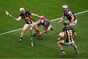 8 June 2025; Jordan Molloy of Kilkenny in action against Seán Linnane of Galway during the Leinster GAA Senior Hurling Championship final match between Kilkenny and Galway at Croke Park in Dublin. Photo by Piaras Ó Mídheach/Sportsfile