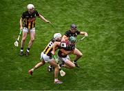 8 June 2025; Cathal Mannion of Galway in action against Kilkenny players, from left, Jordan Molloy, Cian Kenny and Mikey Butler during the Leinster GAA Senior Hurling Championship final match between Kilkenny and Galway at Croke Park in Dublin. Photo by Piaras Ó Mídheach/Sportsfile