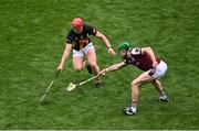 8 June 2025; Cianan Fahy of Galway wins possession ahead of Adrian Mullen of Kilkenny during the Leinster GAA Senior Hurling Championship final match between Kilkenny and Galway at Croke Park in Dublin. Photo by Piaras Ó Mídheach/Sportsfile
