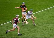 8 June 2025; Galway goalkeeper Eanna Murphy, supported by team-mate Daithí Burke, in action against Stephen Donnelly of Kilkenny during the Leinster GAA Senior Hurling Championship final match between Kilkenny and Galway at Croke Park in Dublin. Photo by Piaras Ó Mídheach/Sportsfile