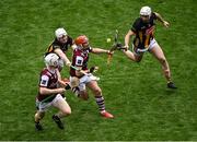8 June 2025; Conor Whelan of Galway, supported by team-mate John Fleming, in action against Kilkenny players Jordan Molloy and Mikey Carey, right, during the Leinster GAA Senior Hurling Championship final match between Kilkenny and Galway at Croke Park in Dublin. Photo by Piaras Ó Mídheach/Sportsfile